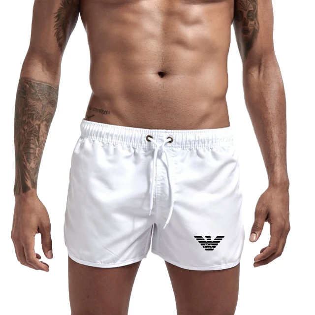 Summer Men's Beach Shorts New Simple Printed Fitness Sports Casual Elastic Waist Drawstring Male Surfing Board Short Pants S-3XL white