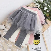 Autumn/Winter Girls' Fleece-Lined Thickened Leggings with Fashionable Puffy Skirt Mesh Two-Piece Style Skirt-Trousers for Girls