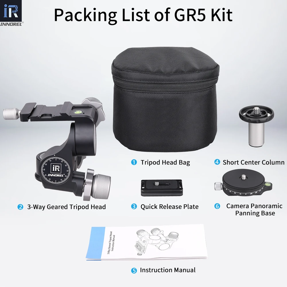 GR5 CNC Aluminum Alloy 3 Way Geared Tripod Head Load Capacity 6kg with Arca Type QR Plate for Photography Camera