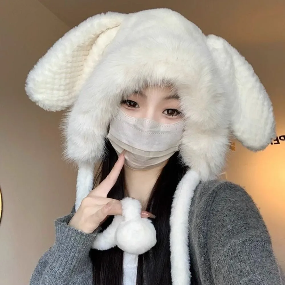 Cute Warm Winter Hat Lacing Woolen Bear Ears Hat Velvet Ear Protection Bucket Hat Women