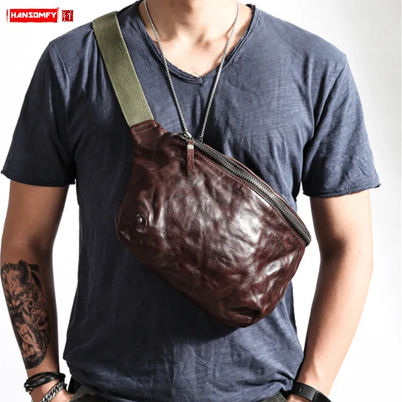 

Retro messenger bag leather chest bag men waist bag youth men's tide chest pack bag trend casual first layer leather chest bags
