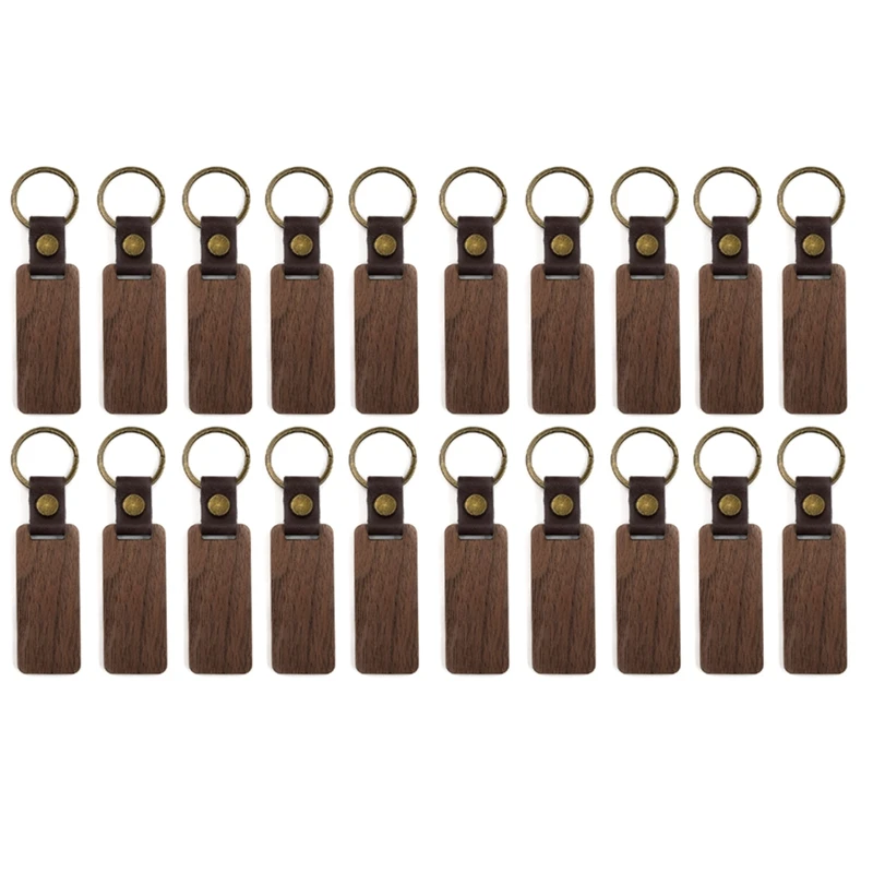 

20Packs Wooden Keychain Rectangle Blanks Leather Keychain Blank Wood Walnut With Keyring For DIY Engraving Gift Easy To Use