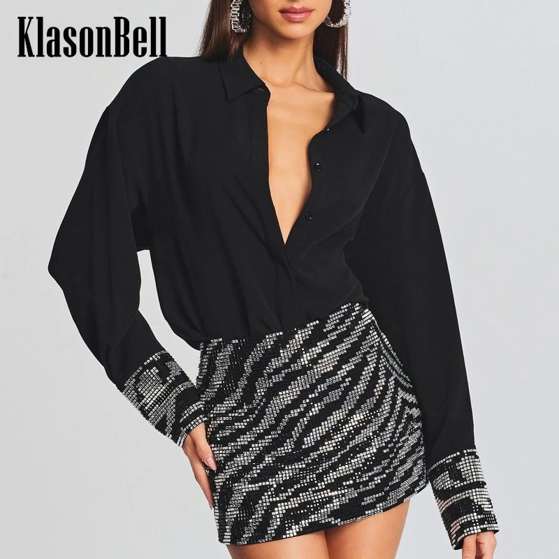 

1.12 KlasonBell Temperament Luxury Bling Diamonds Long Sleeve Shirt Collect Waist Sexy Package Hip Dress Women