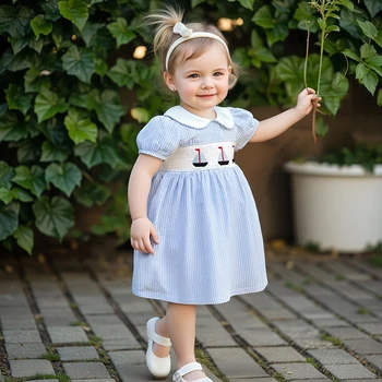 Child Girl Summer Striped A-Line Dress with Doll Collar Short Sleeves and Nautical Embroidery Detail 4