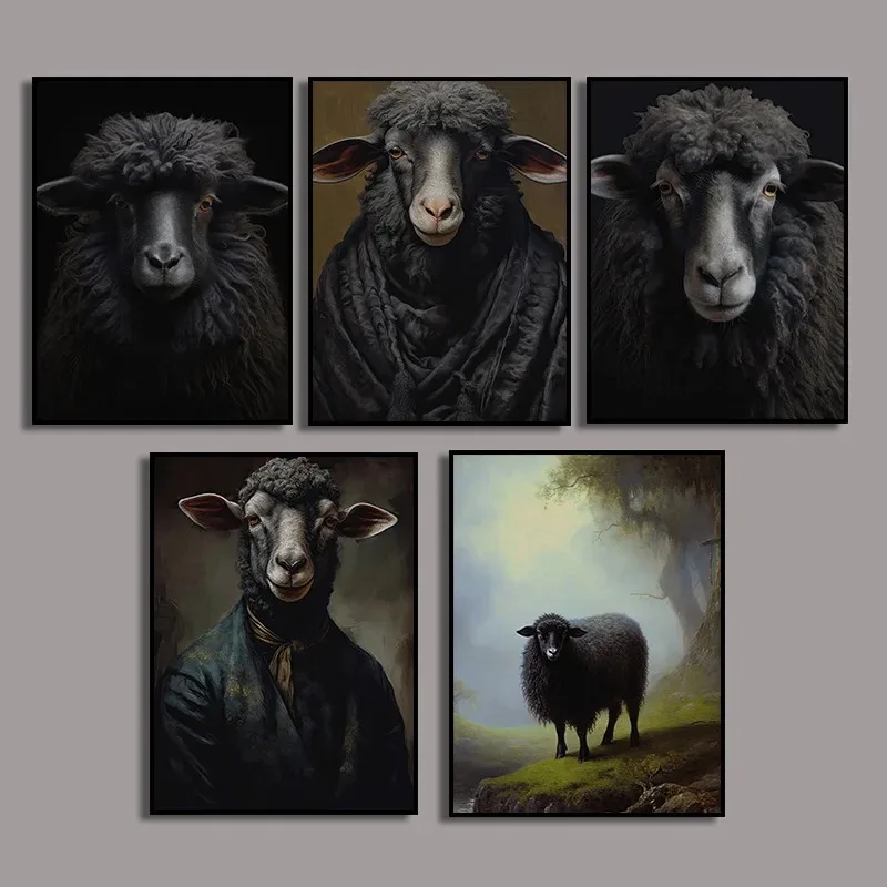 

Cute Black Sheep Animal Canvas Painting Poster and Print Wall Art Picture for Living Room Farm Home Decoration Cuadros