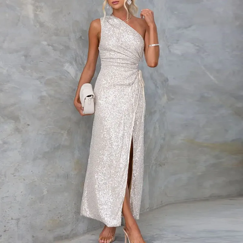 

Женское облегающее вечернее платье с блестками, сексуальное длинное платье с диагональным воротником и блестками, элегантное платье с наклонным вырезом и высоким разрезом