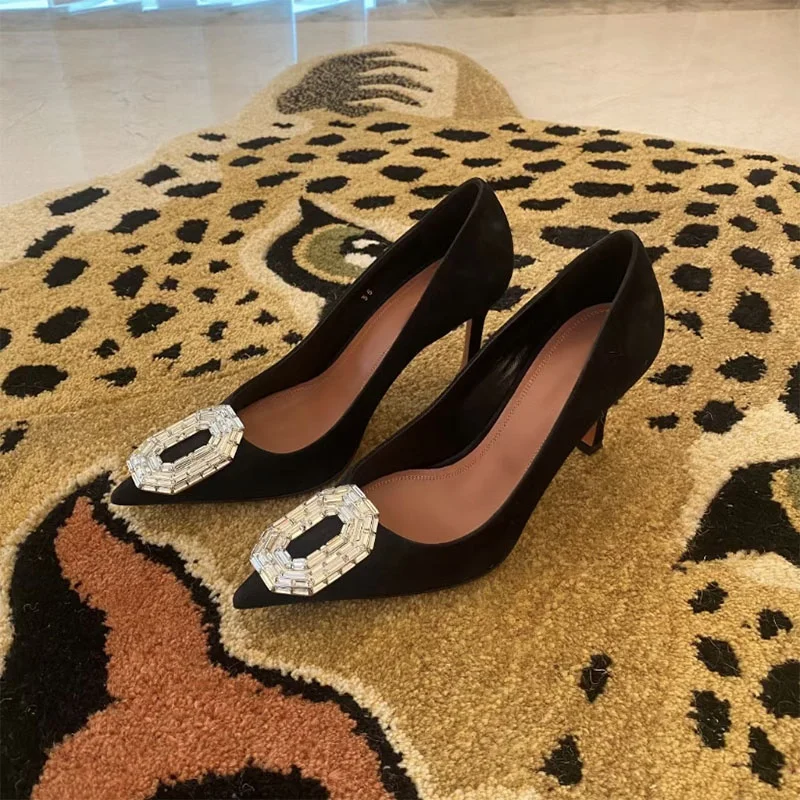 Rhinestone Round Buckle Shiny Women Pumps 2024 New Style Stiletto Pointed Toe Black High Heels Women's Shallow Slip On Sandals