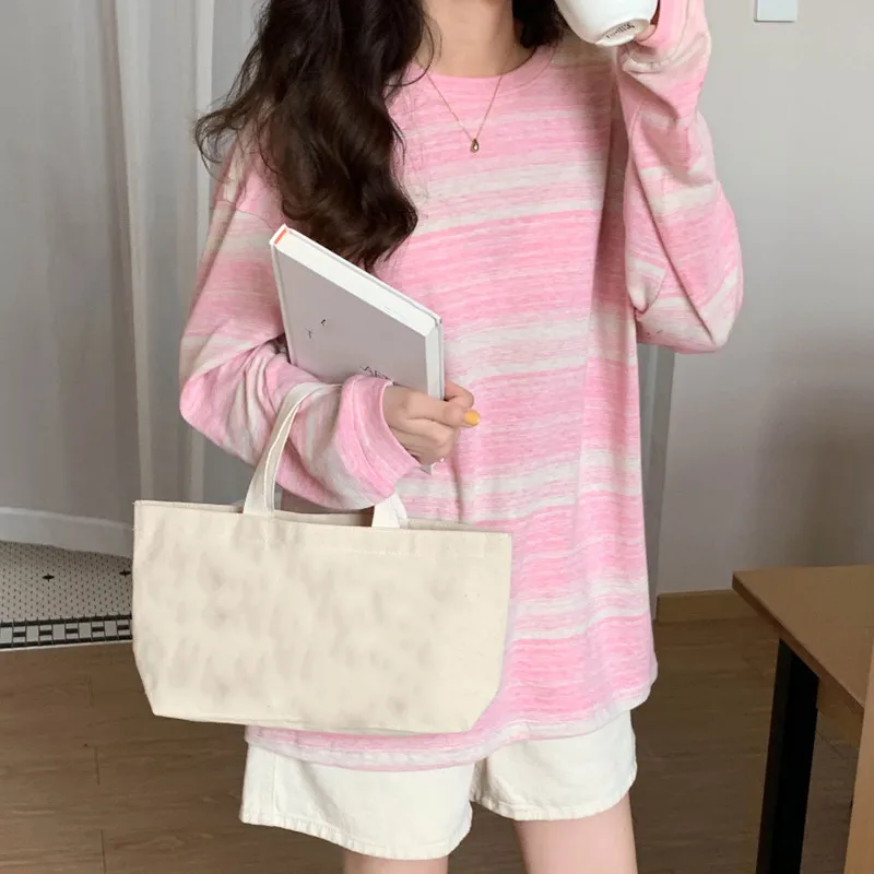 Stripe Pink Cotton Long Sleeve T-shirt Girl\'s Oversize Shirt Spring and Autumn 2022 New Design Loose Top