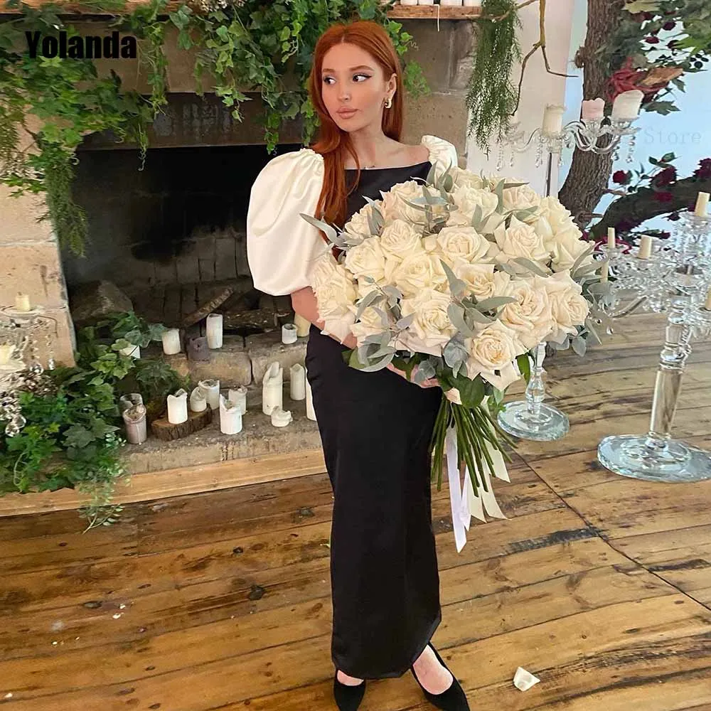 

2024 New Design High Quality Mermaid Evening Dresses Puff Sleeve Satin Full Open Back Floor Length Party Dress Robe de soirée
