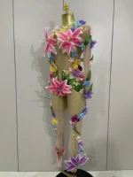 2025Sparkly Rhinestones 3D Flower Nude Mesh Transparent Jumpsut Women Evening Party Birthday Nightclub Performance Stage Costume - Image 2