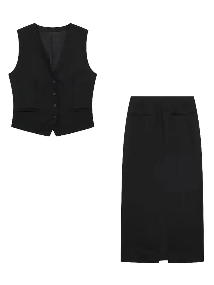 

TRAF 2023 Summer New Women Fashion Set Retro Sleeveless Single Breasted Camisole Blended Vest Chic Top and Skirt