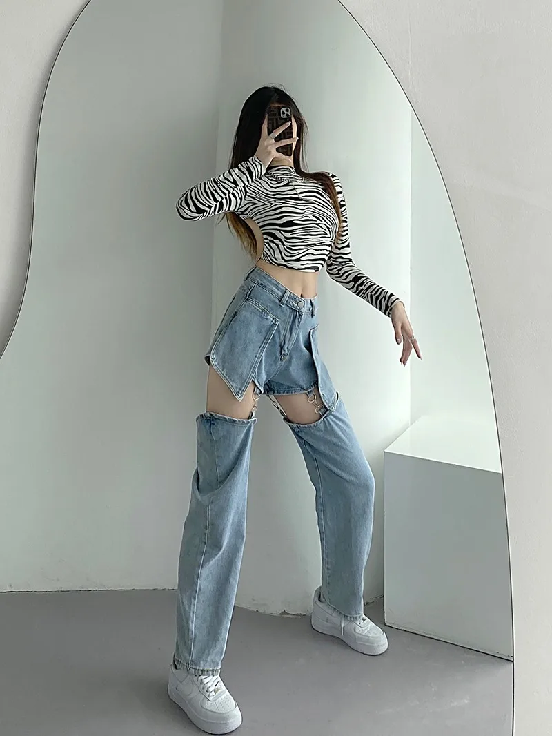 Women's Chic Irregular Removable Trousers Leg Jeans Spring Summer High Street Wide Leg Loose Jeans Lady Straight Denim Pants y2k short jeans women summer new high waist a line straight irregular denim wide leg pants streetwear shorts mujer