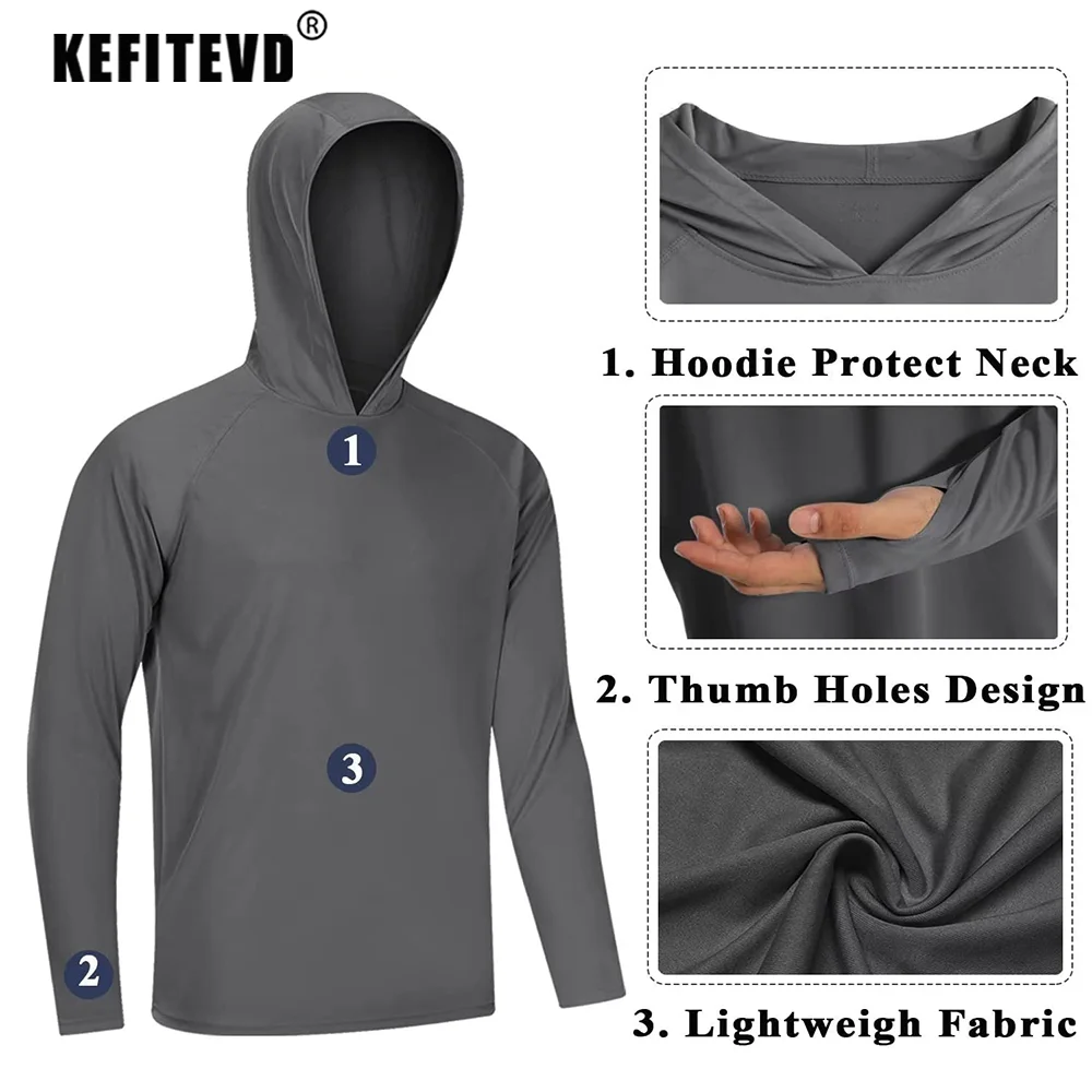 Men's Long Sleeve T-Shirts Hoodies Sun/UV Protection Outdoor Hiking T-Shirt Sunscreen Shirts Tops Male Hoodie KEFITEVD UPF 50+ sport t shirt long sleeve t shirt
