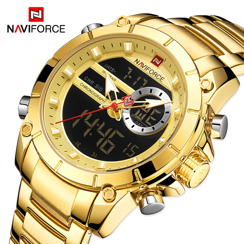 Naviforce Men Military Sport Wrist Watch Gold Quartz Steel Waterproof Dual Display Male Clock