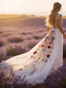 Abiti da Sposa Boho Chic Personalizzati per Donna, Vestito da Sposa Lungo in Chiffon con Ricami Floreali Colorati e Strascico 2026