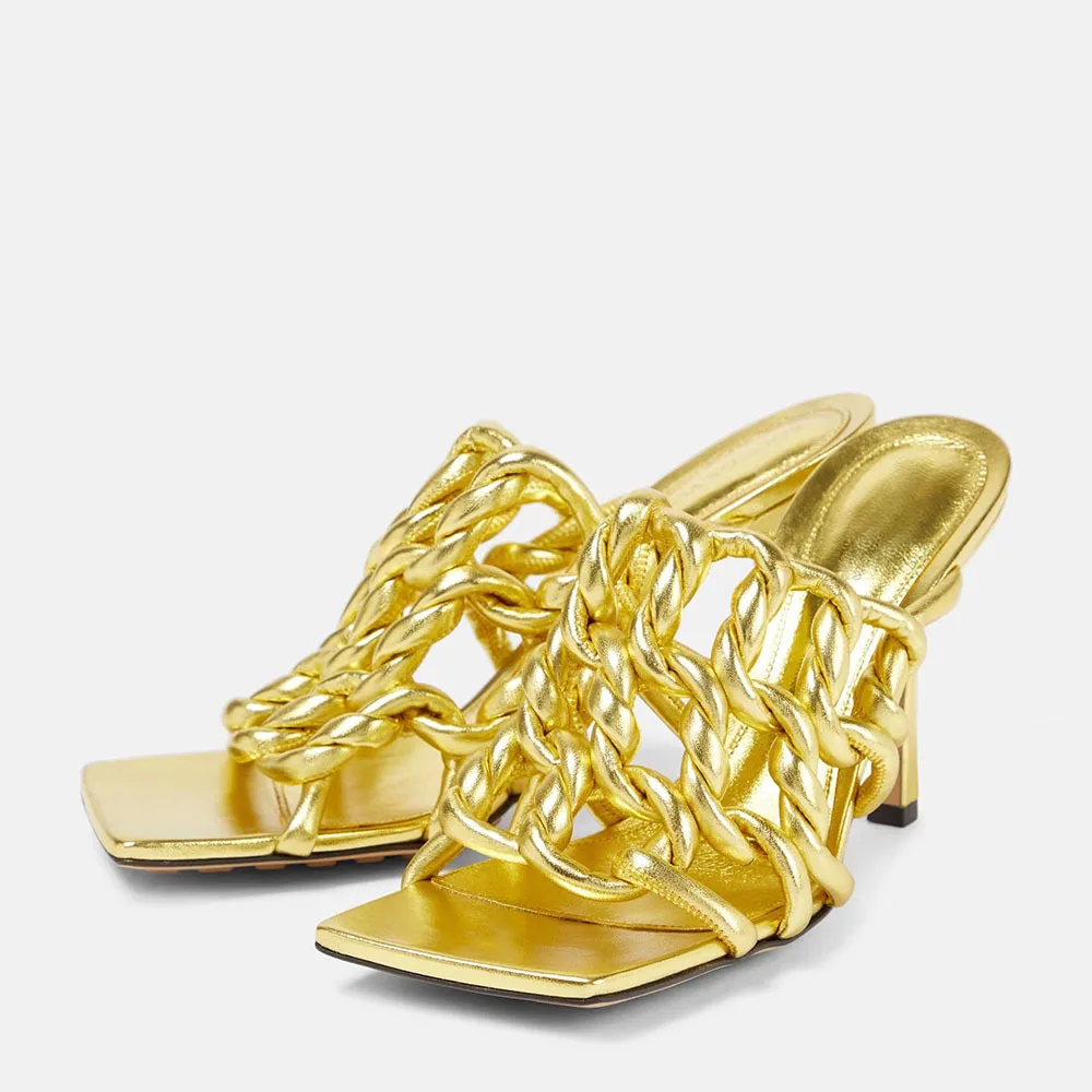 

2023 New Square-Toe Hand-Woven Sandals with A Crossover Premium Heel and Sexy Heel for Party Light Color with Chian