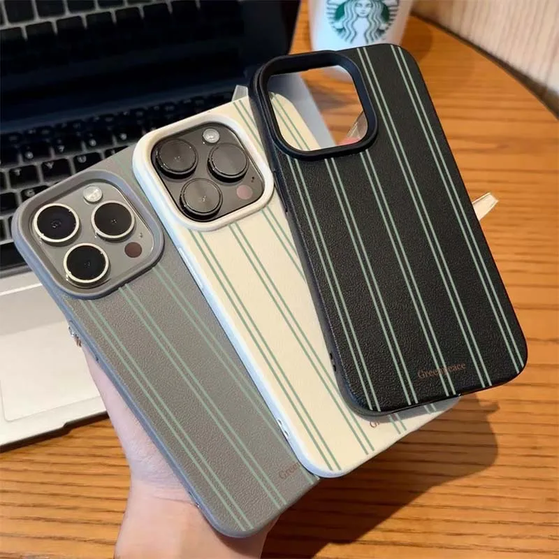 Green Stripe Lichee Pattern Shockproof Phone Case with Silicone Cover
