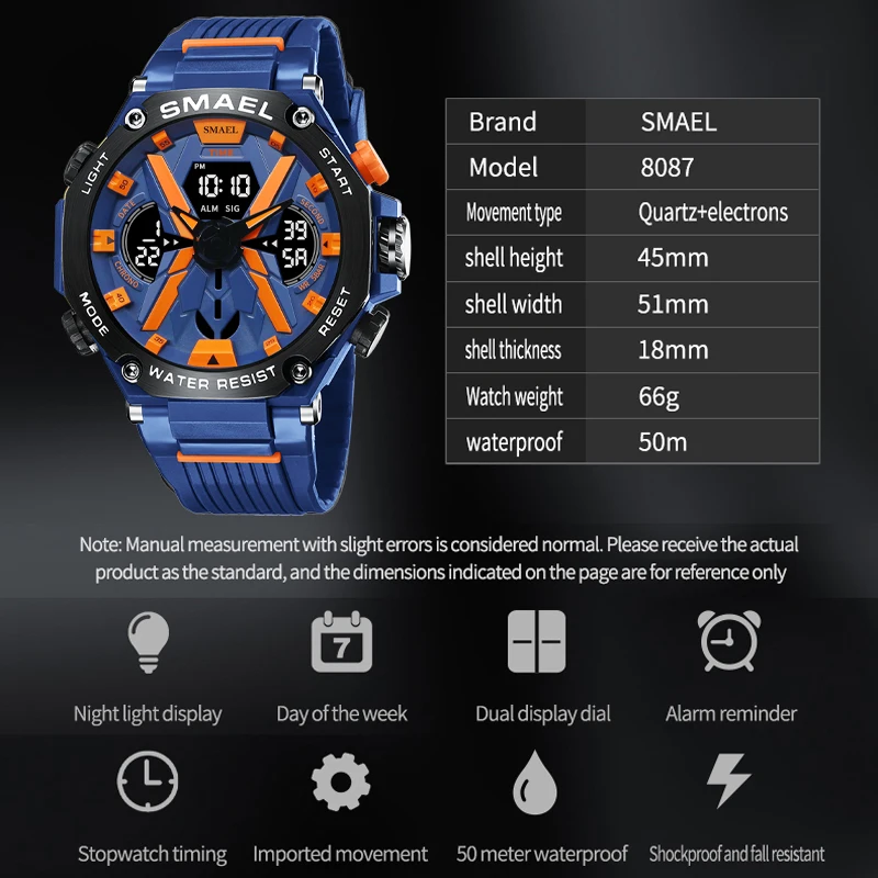 Smael Sport Watches Male Clock Digital Led Display Quartz Analog Stopwatch Fashion Blue Orange Clock Waterproof Men Watch, Alina Gadgets