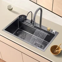 Voriva Multifunction Kitchen Sink 304 Stainless Steel Kitchen Sink Faucet Modern Waterfall Rainfall Single Bowl Kitchen Sink Set 1