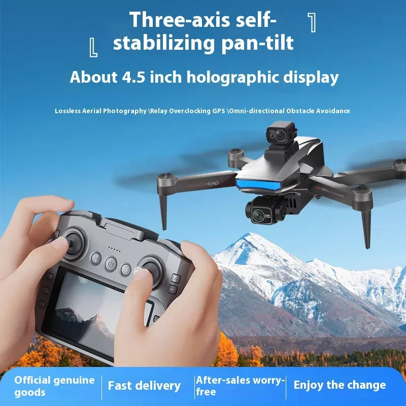 Drone professionnel W10 8K GPS stabilisé 3 axes avec écran en vol, capturant une vue aérienne d'un lac