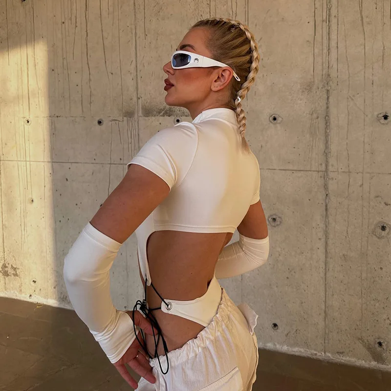 Body de manga corta con cuello alto para mujer, estilo Y2K, de una pieza con aberturas, con cordones, lencería sexy.