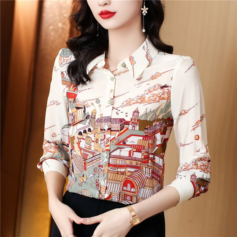 

2023 Autumn New Long-sleeved Turn Down Neck Vintate Print Shirt Women Printed Slim Blouse Tops Femme Blusas