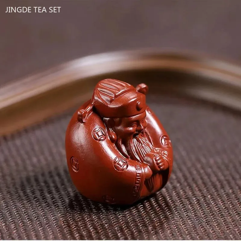 Yixing Purple Clay Tea Pet Small God of Wealth Figure Sculpture Chinese Tea Table Ornaments Desktop Feng Shui Arts