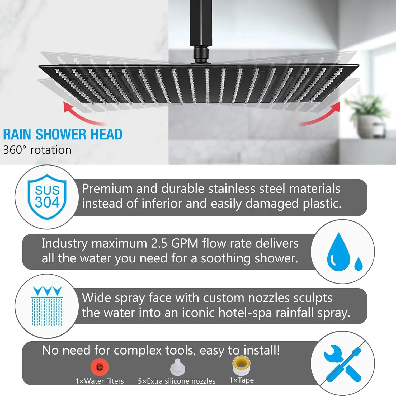 KEMAIDI Black Rainfall Shower Head High Pressure Square Stainless Steel Showerhead with Silicone Nozzle Ultra Thin Water Saving 3