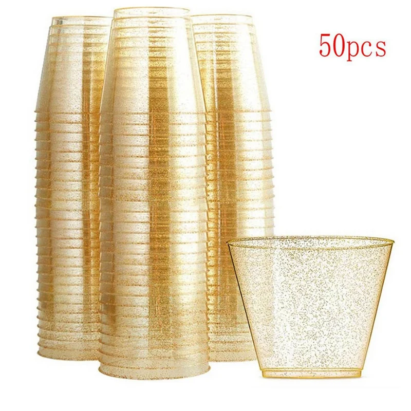 Gold Plastic Cups Clear Plastic Wine Glasses Fancy Disposable Hard Cups With Gold Glitter For Party 100Pcs