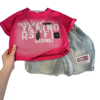 Summer Children Boys Two-piece Suit New Letter Printed Top+loose Elastic Waist Denim Shorts Young Boys Sets Thin Kids Boys Sets 5