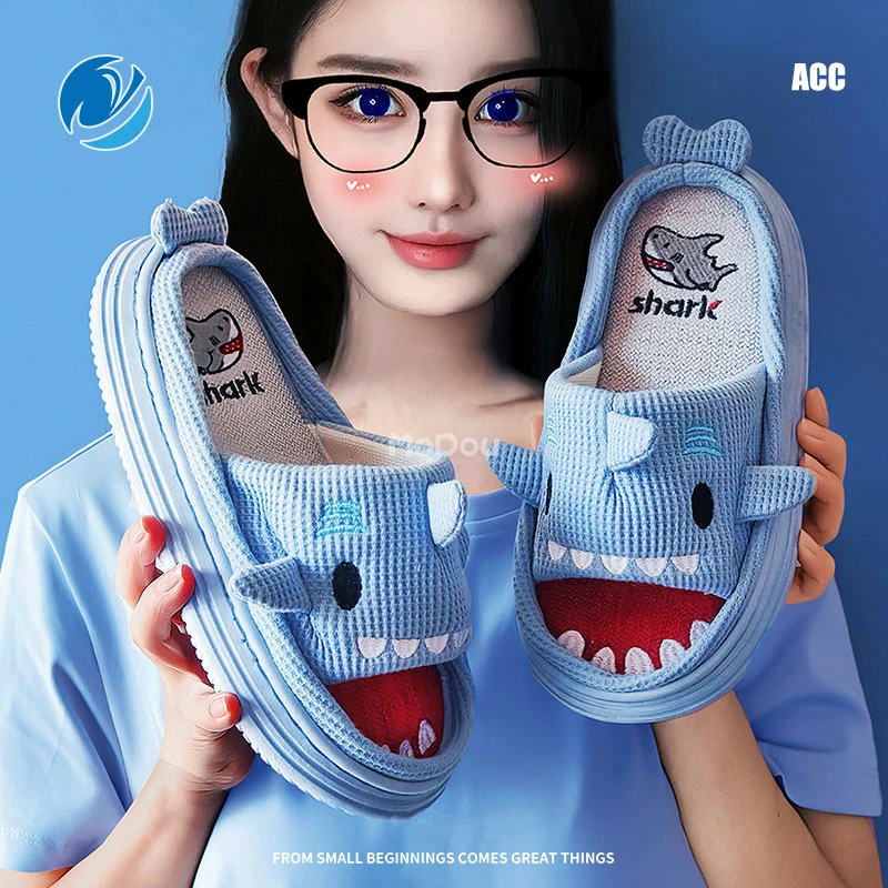 Mo Dou 2022 New Summer/Spring Slippers Open Toe Cute Cartoon Shark Shape EVA Thick Sole Indoor Quality Designer Shoes Women Men 1