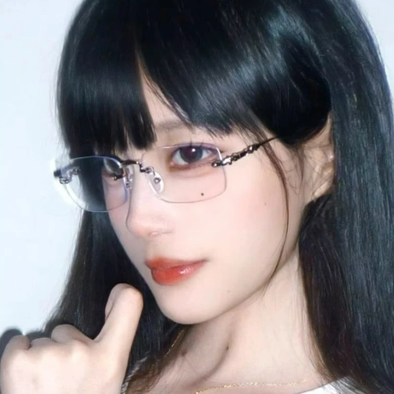 Fashion Women Transparent Square Rimless Shades Glasses Vintage Sturdy AC Lens Spectacles Unisex Decorative Metal Frame Eyewear