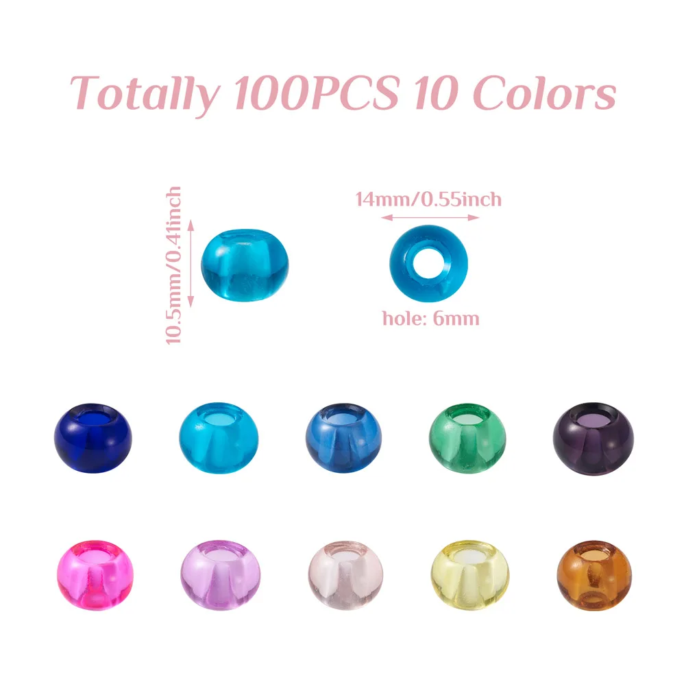Kissitty 100Pcs Mixed Color Rondelle Shape Transparent Glass European Beads Big Hole Beads For Bracelet Jewelry Making Gift