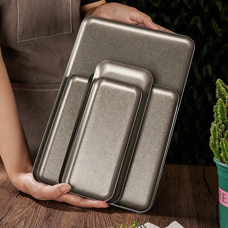 Retro 304 Stainless Steel Snowflake Silver Square Tray Steak Plate Rounded Edge Dinner plate Dessert Grill Tray Decorative trays dining dish,decorative tray