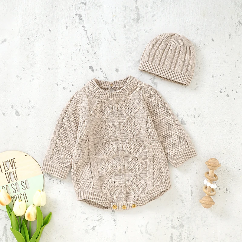 

Cotton Baby Bodysuit Knitted Newborn Girl Boy Jumpsuit Outfits Long Sleeve Autumn Infant Clothing Hat 2PC Onesies 0-18M Playsuit