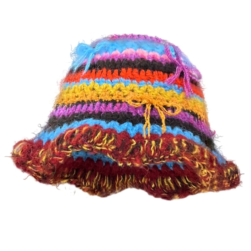 

Women Vintage Rainbow Stripe Bucket Hat 3D Bow Handcrochet Knit Dropship