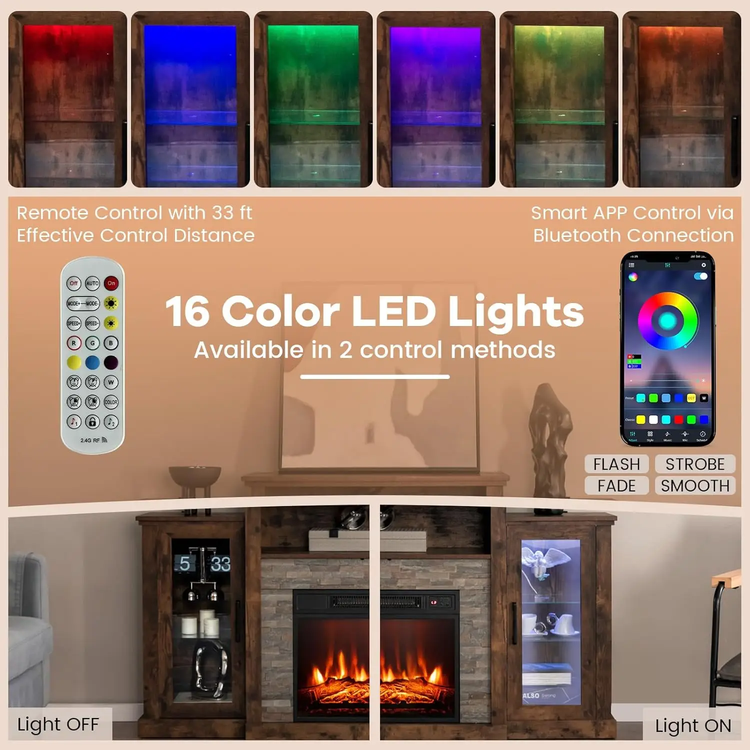 Electric Fireplace TV Stand-Entertainment Center w/18&rsquo;&rsquo; Fireplace Heater, LED Lights, APP & Remote Control,