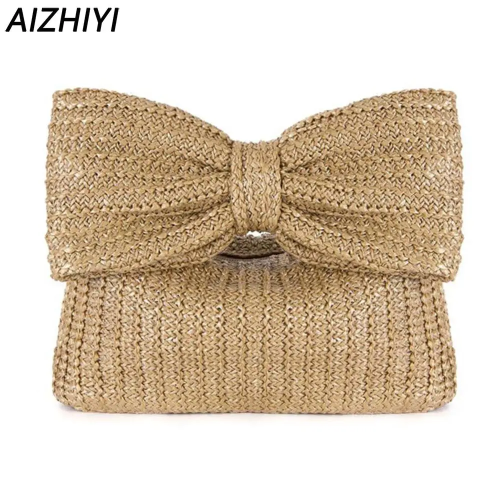 Women Bow Purse Summer Straw Woven Clutch Bag Chic Luxury Design Handbags Vacation Beach Tote Bag Formal Party Wedding 2024 New