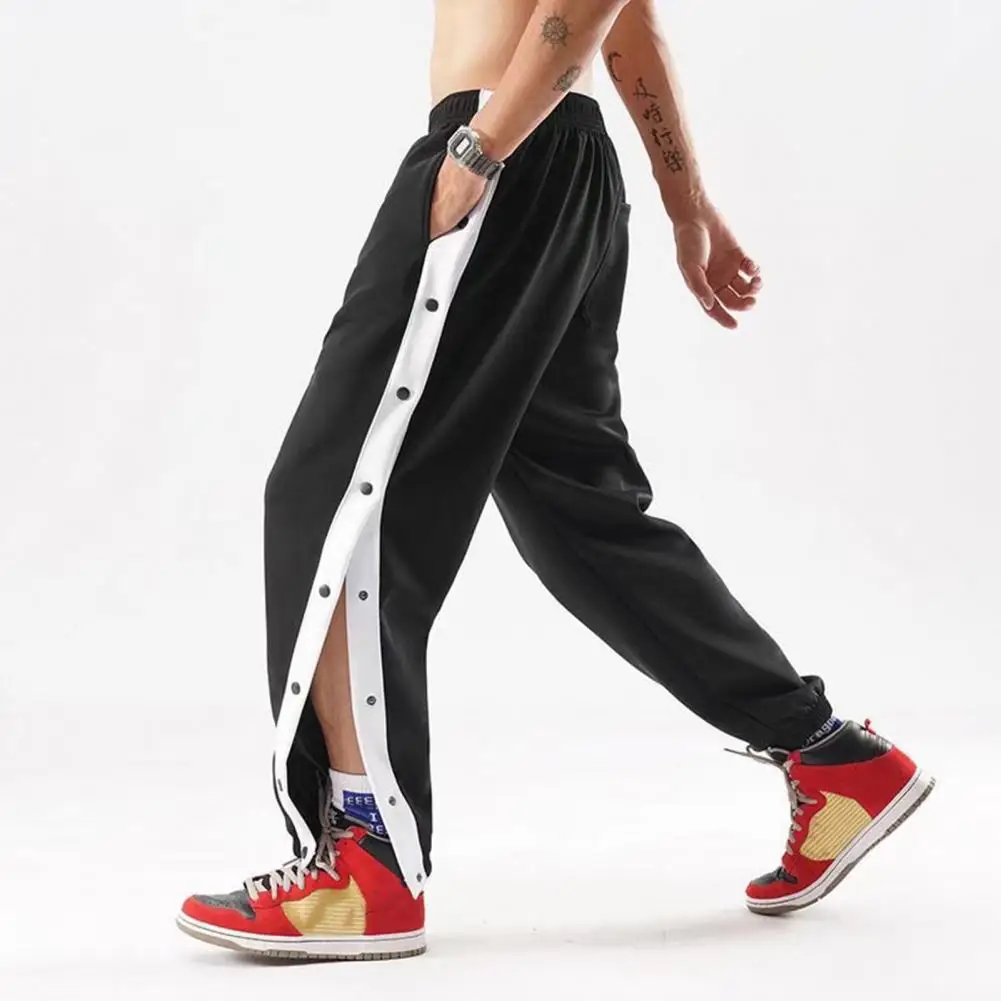 Solid Color Men Casual Pants Men's Loose Fit Sport Pants with Side Button Closure Elastic Waist for Gym Training Jogging for Men 6