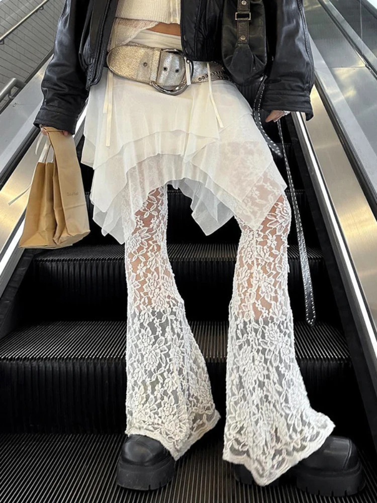 

Новинка 2024, готические кружевные сетчатые расклешенные брюки, соблазнительные прозрачные длинные брюки в стиле Харадзюку, винтажные женские летние Волшебные брюки Y2K