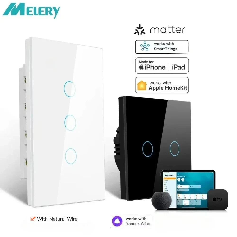 สวิตช์ไฟติดผนัง Melery Matter Light แบบ WiFi พร้อมเซ็นเซอร์สัมผัส ควบคุมระยะไกลผ่าน Alexa Homekit SmartThings Google Home Assistant และ Siri 1