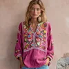 3D Printing Flower Rose Pink Puff Shirts Boho Style Fuchsia Blouse Relaxed Colorful Floral Print & Intricate Artisan Pattern