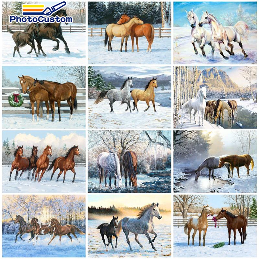 

PhotoCustom Paint By Number Winter Horse DIY Pictures By Numbers Animal Kits Drawing On Canvas Hand Painted Painting For Home De