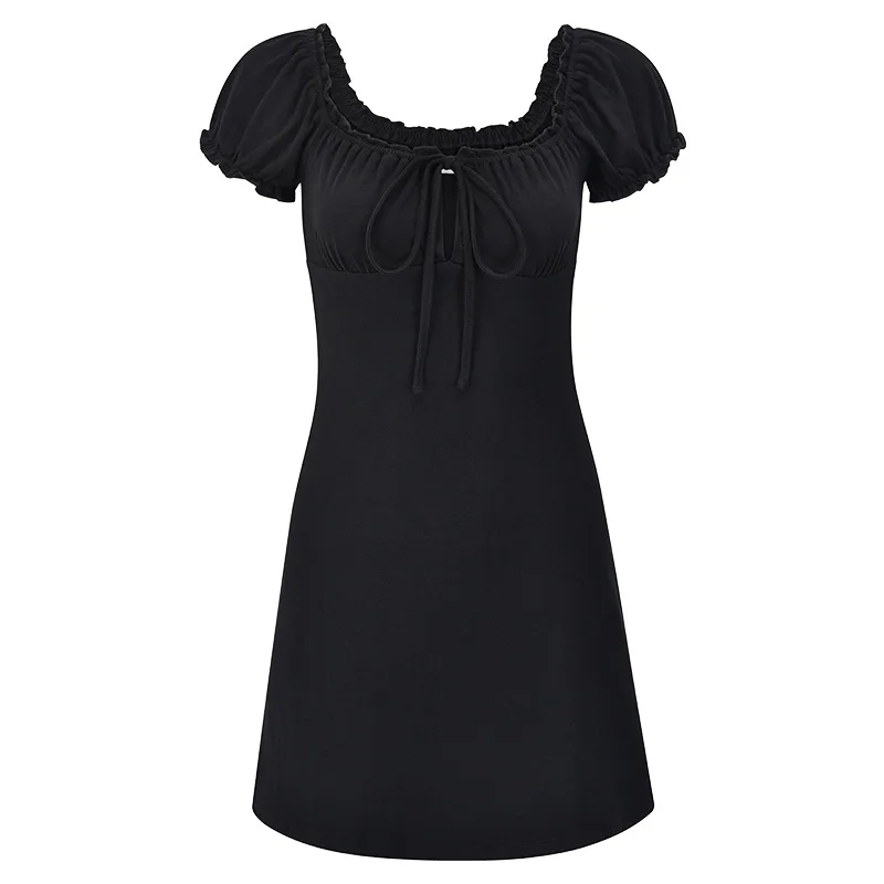 American Vintage Chest Hollow Lace Up Black Dress With Bubble Sleeves  Women's Summer Square Neck Waist Wrap A-line Short Dress