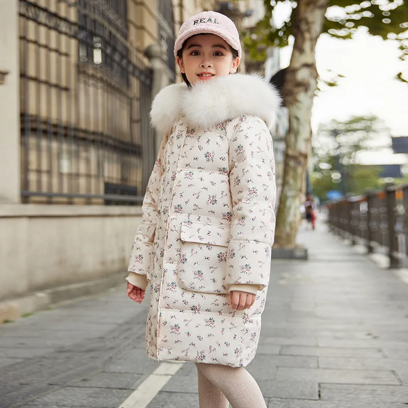 رفع سترة شتوية للأطفال فتاة الأزهار طباعة في سن المراهقة فتاة ملابس خارجية معطف فو الفراء مقنعين الاطفال فتاة سترة 5-12Y ملابس خارجية