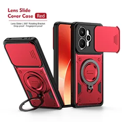 Durable Shockproof Phone Case with Slide Camera Cover and 360° Rotatable Ring Holder Kickstand for Realme C85 5G (Red)