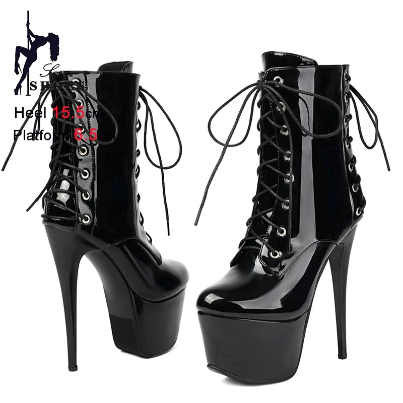 Matte Black Pole Dance Boots 15.5CM Super High Heel Fashion Lace-up Thick Platform Women Ankle Boots Model Catwalk Show Shoes