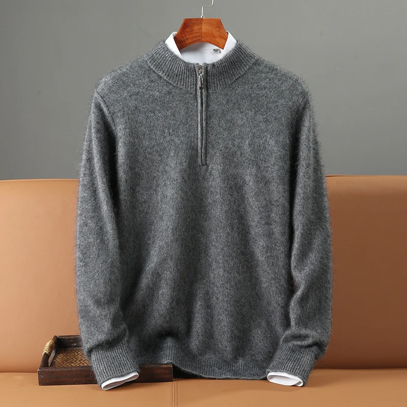 Autumn Winter Thick 100% Mink Cashmere Sweater Men's Semi High Neck Zipper Knitted Pullover Casual Business Warm Menswear Tops 4