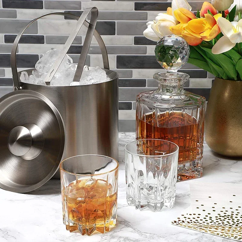 UPORS Ice Bucket 1.3L Stainless Steel Ice Bucket with Tong and Lid Portable Bar Chilling Beer Cooler Champagne Wine