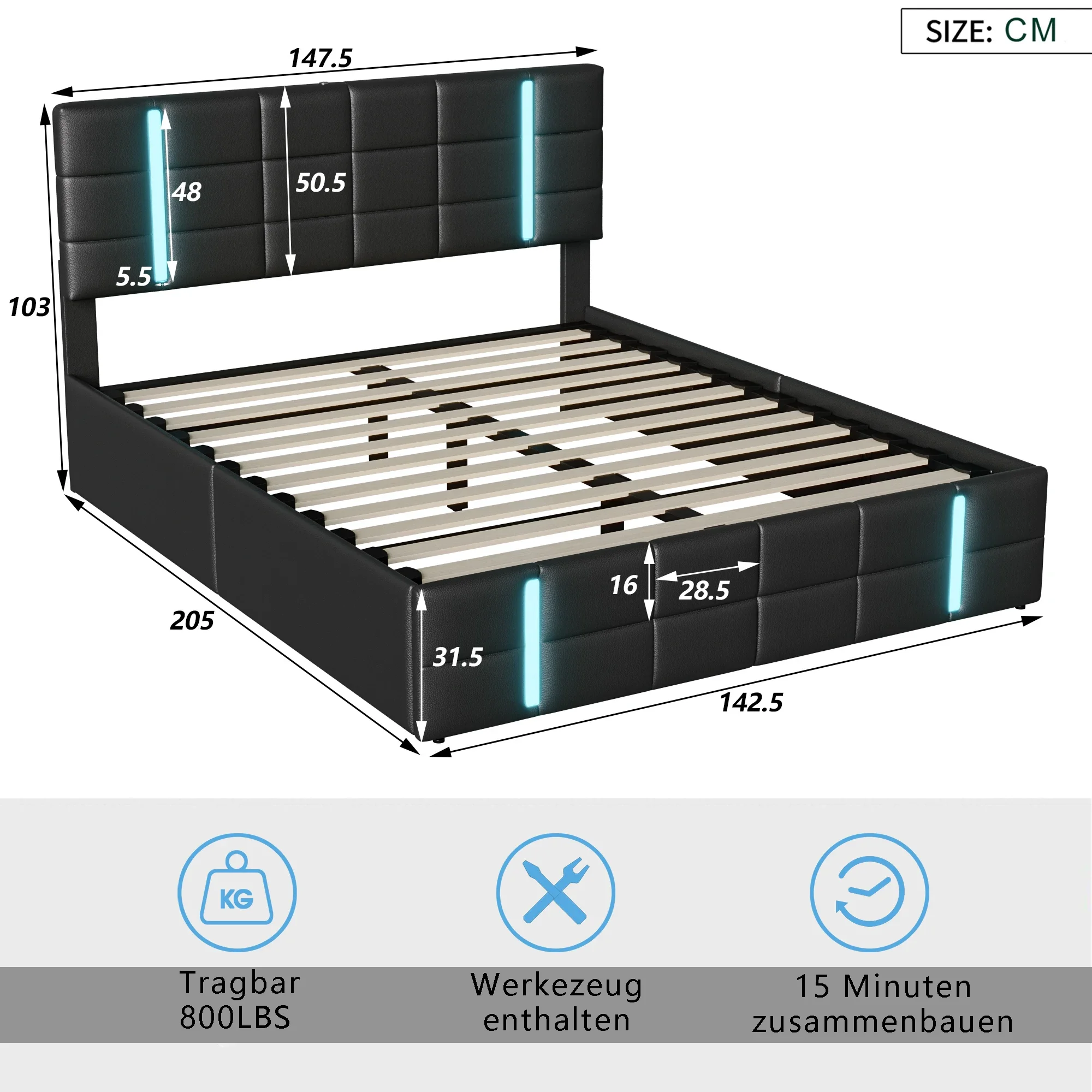 Creahappy gepolstertes Bettgestell 140 x 200 cm Doppelbett mit LED-Beleuchtung und USB-Anschlüssen mit hydraulischer Aufbewahrungsfunktion – Detail 2
